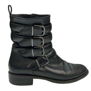 Via Spiga Womens Bara Moto Boots 8M Black Leather Buckles Biker